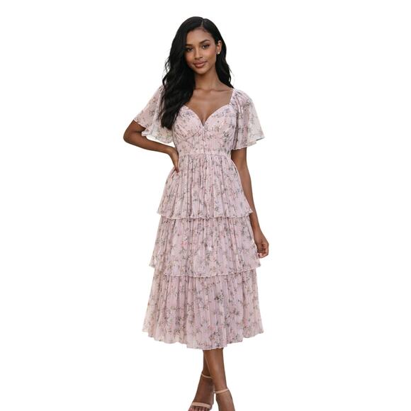 Lulus Dresses & Skirts - NWT Lulus Gentle Charm Mauve Floral Print Pleated Tiered Midi Dress Size M